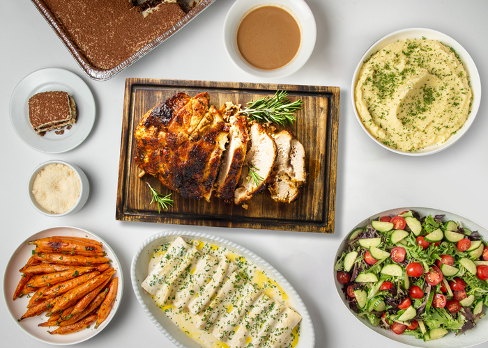 Please Note: This meal requires 1 week of prep time.
This meal comes with

Spring Green Salad
Cherry Tomato, Cucumber &amp; Sherry Vinaigrette

Farm Turkey Roll
Contains Dairy
12-14 lb Turkey deboned, Stuffed with Butter &amp; Herbs

Turkey Gravy
Contains Dairy, Gluten, Alcohol
Large 1000 ml

Spinach &amp; Ricotta Cannelloni
Served with White Wine Cream Sauce OR Tomato Basil Sauce&nbsp;

4 oz Grated Parmesan
Add on to pasta

Yukon Mashed Potatoes

Honey Roasted Baby Carrots

Tiramisu